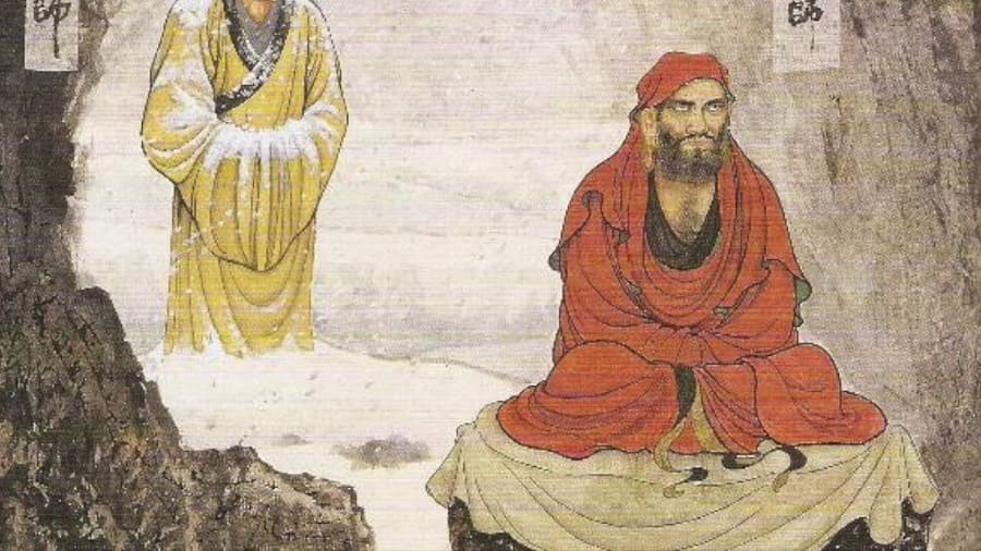 Основатель чань-буддизма (дзен) Бодхидхарма и его ученик Эка, занесённый снегом по колено