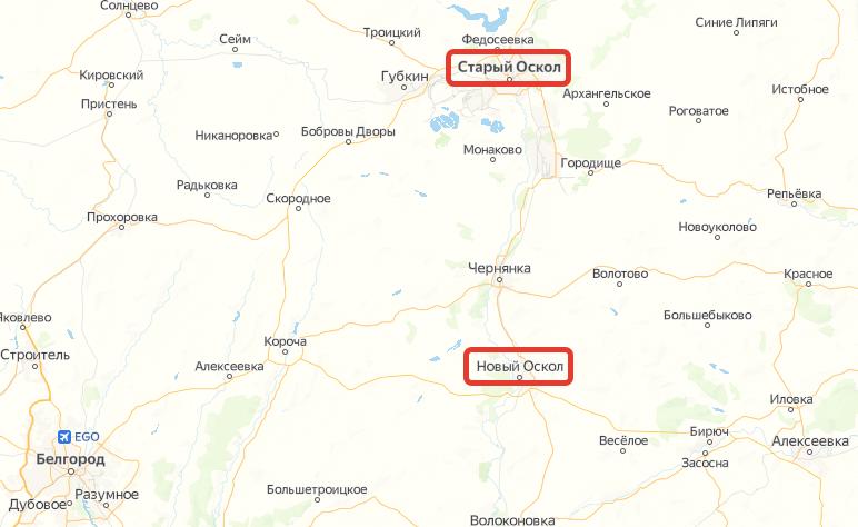 Новый и Старый Оскол на карте Белгородской области России