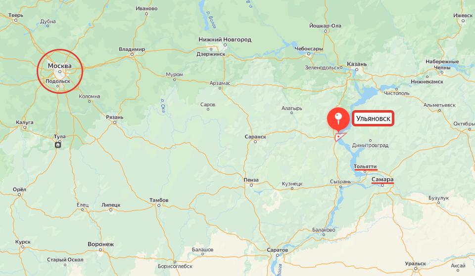 Город Ульяновск на карте, расстояние от Симбирска до Москвы, Тольятти и Самары